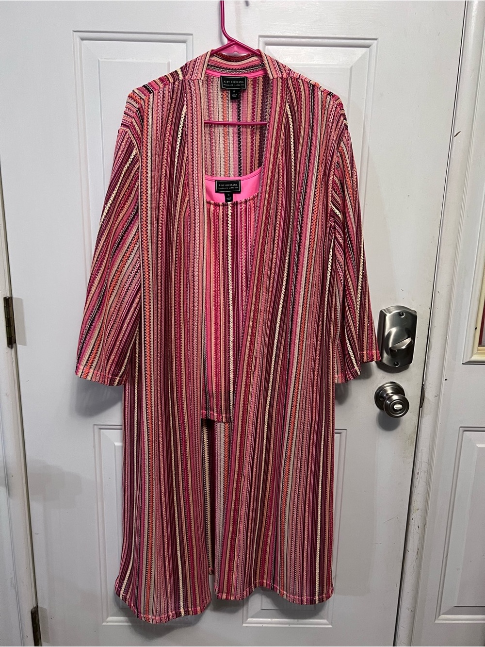 G by Giuliana Black Label 2 Pc Set Pink Striped Knit Tank Cardigan Duster XL 1X